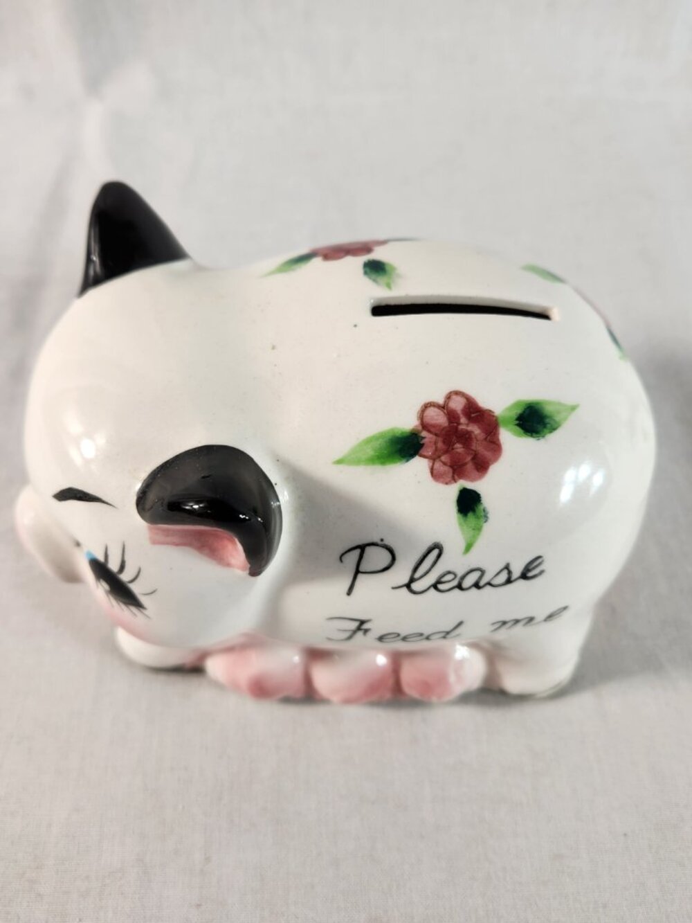 Ries Japan Ceramic Piggy Bank White Vintage 1950s-1960s Hand Painted + Plug - Picture 3 of 9